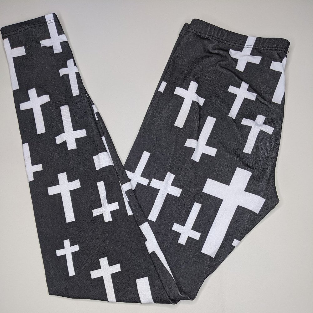 Black Cross Print Goth Punk Leggings Silky (S/M)